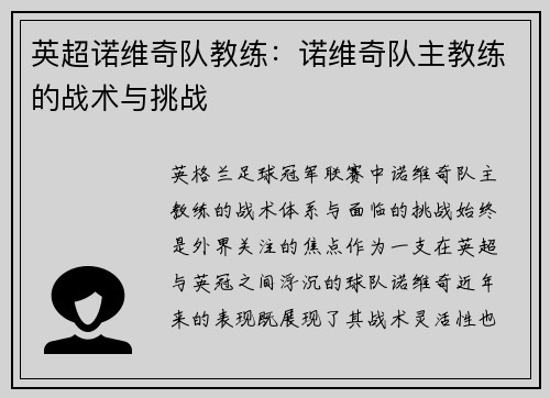 英超诺维奇队教练：诺维奇队主教练的战术与挑战
